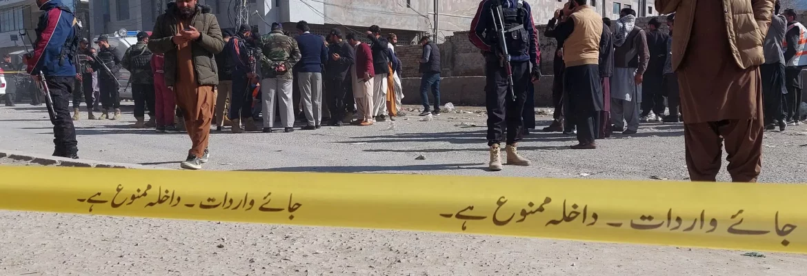 Pakistani security officials inspect the scene of a blast in Quetta, the provincial capital of Balochistan province, Pakistan, today.Credit...Fayyaz Ahmed/EPA, via Shutterstock